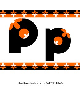 Flower alphabet letter P. Upper and down ornament ribbon flower. ABC with chamomile 