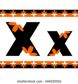 Flower alphabet letter X. Upper and down ornament ribbon flower. ABC with chamomile . Woman Day card. 8 march