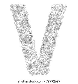 Flower alphabet of red roses, characters V