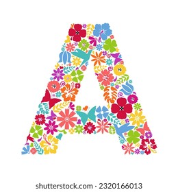Flower alphabet. Flower symbols forming letter A. Floral ornament in the form of a letter.