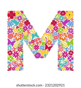 Flower alphabet. Flower symbols forming letter M. Floral ornament in the form of a letter.