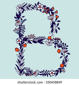 Flower alphabet vector design. Set of letters. Floral abc. Font with leaves, flowers and stems. Letter of flowers