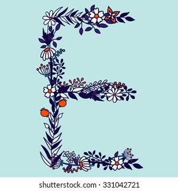 Flower alphabet vector design. Set of letters. Floral abc. Font with leaves, flowers and stems. Letter of flowers