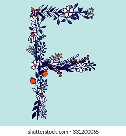 Flower alphabet vector design. Set of letters. Floral abc. Font with leaves, flowers and stems. Letter of flowers