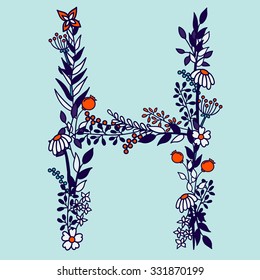 Flower alphabet vector design. Set of letters. Floral abc. Font with leaves, flowers and stems. Letter of flowers
