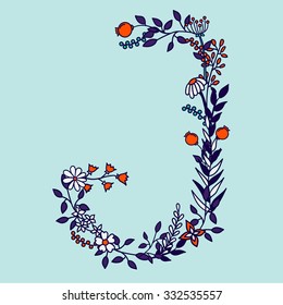 Flower alphabet vector design. Set of letters. Floral abc. Font with leaves, flowers and stems. Letter of flowers