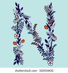 Flower alphabet vector design. Set of letters. Floral abc. Font with leaves, flowers and stems. Letter of flowers
