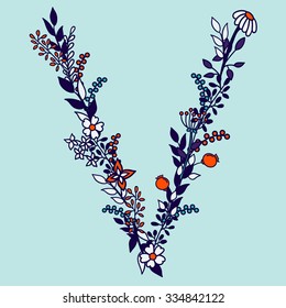 Flower alphabet vector design. Set of letters. Floral abc. Font with leaves, flowers and stems. Letter of flowers