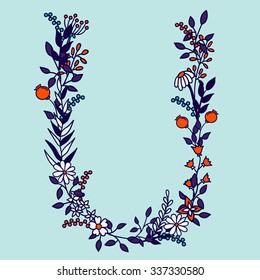 Flower alphabet vector design. Set of letters. Floral abc. Font with leaves, flowers and stems. Letter of flowers