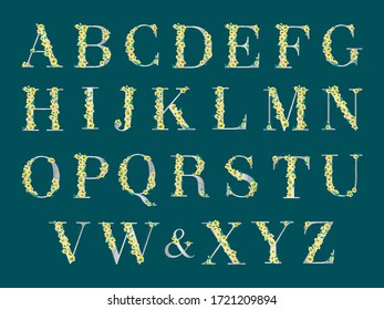 Flower alphabet. Vector isolated illustration. Silver letters and yellow flowers. Wedding monograms.
