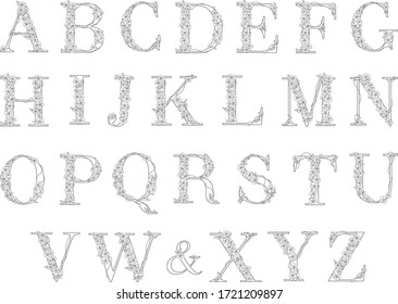 Flower alphabet. Vector isolated illustration. White letters and white flowers. Wedding monograms.