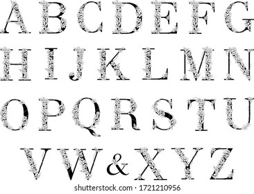 Flower alphabet. Vector isolated illustration. Black letters and white flowers. Wedding monograms.