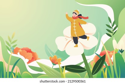 A flower is among the plants in spring, vector illustration, spring landscape