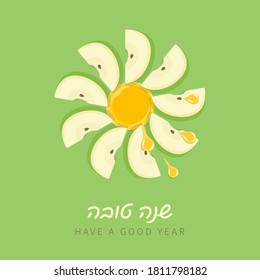 Flower from apple's slices and honey. Design for Jewish Holiday Rosh Hashanah. Greeting - Happy New Year in Hebrew.