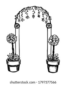 Flower arch with columns, vases of flowers. Festive, wedding gate, passage. Vector ink drawing.