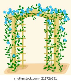 Flower arch of wood with blue flowers