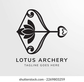 flower archery logo design template in black color. isolated on white grey gradient background. combination archery equipment, bows with lotus flower. 
