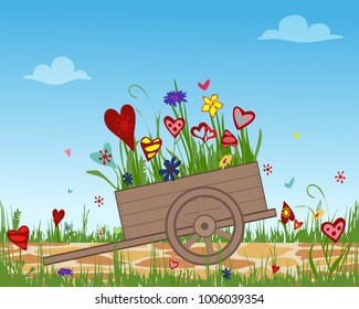 Flower arrangement from blooming hearts in the garden cart. Wheelbarrow, trolley filled with flowers. Vector illustration symbolizing joy, love and happiness. Perfect for greeting cards. Horizontal.