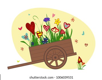 Flower arrangement from blooming hearts in the garden cart. Wheelbarrow, trolley filled with flowers. Vector illustration symbolizing joy, love and happiness. Perfect for greeting cards. Horizontal. 