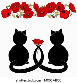 Flower arrangement, brush with red poppies. Silhouettes of two cats with long tails. Black-white template for a romantic greeting card with red flowers.