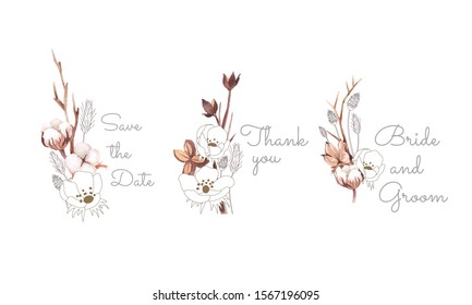 flower arrangement; cotton boll, cotton branch, wild grass and dried flower. hand painted watercolour style, mix of watercolour and line art style 