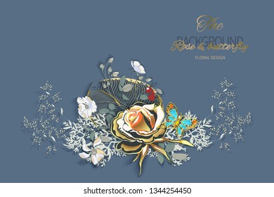 Flower arrangement with Golden rose and butterfly as gold jewelry, decorated with precious stones on navy blue background. Vector floral wedding invite or greeting card