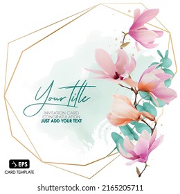 flower arrangement green eucalyptus twigs pink magnolia wedding or celebration invitation.watercolor drawing.invite card