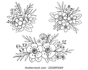 flower arrangement hand drawn line art collection for wedding, flower doodle line art isolated