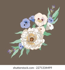 Flower arrangement isolated on dark background. Watercolor illustration.	