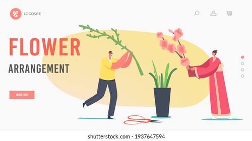 Flower Arrangement Landing Page Template. Japanese Ikebana. Tiny Character in Kimono Create Floristic Composition Put Blossoms in Huge Vase. Asian Culture Art. Cartoon People Vector Illustration