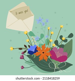 Flower arrangement with a letter. I miss.Happy Valentine's Day greeting card.  Suitable for social media posts, mobile apps, banners design and web internet ads. Vector fashion backgrounds.