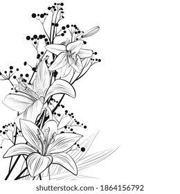 Flower arrangement with lilies in graphic style on a white background