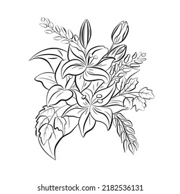Flower arrangement of lilies, tulips, decorative branches. Vector illustration for prints, wall art, cover and invitation