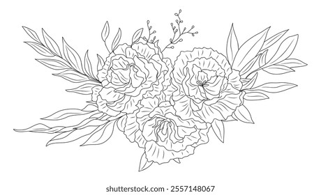 Flower arrangement line art drawing. Abstract design element for cards, invitations. Vector outline illustration isolated on white background 