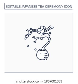 Flower arrangement line icon. Japanese bonsai tree. Small trees in peas for ornamental garden. Sakura twig. Japan culture concept.Isolated vector illustration.Editable stroke
