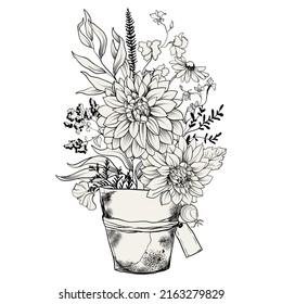 Flower arrangement in an old rusty bucket. Graphic vintage bouquet of flowers. Vector illustration