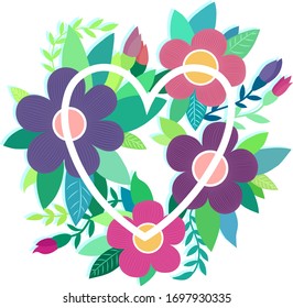 Flower Arrangement on March 8. Vector postcard for the holidays. Pink flowers, green leaves. Heart shape frame. Love with all your hear quote.