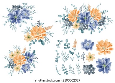 flower arrangement orange blue, with flower and leaves isolated clip-art