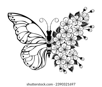 Flower arrangement of outline butterfly with blooming sakura on white background. Tattoo style. hand drawn vector art