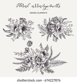 Flower arrangement with peonies, anemones, tulips, leaves of the fern and eucalyptus seeds. Spring and summer bouquet. Vector design elements.Black and white. Engraving.