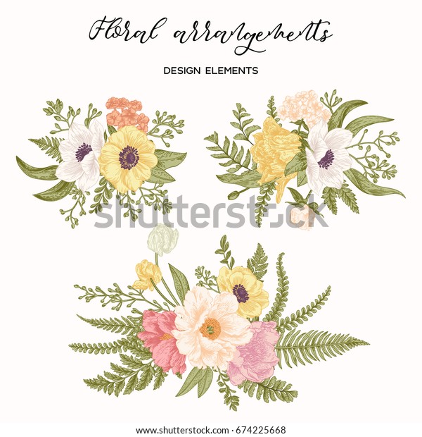 Vector De Stock Libre De Regalias Sobre Arreglo Floral Con Peonias Anemonas Tulipanos