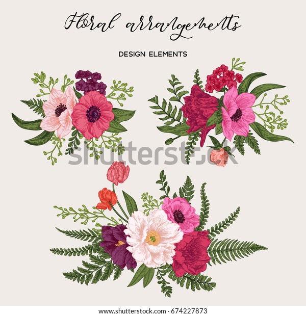 Vector De Stock Libre De Regalias Sobre Arreglo Floral Con Peonias Anemonas Tulipanos