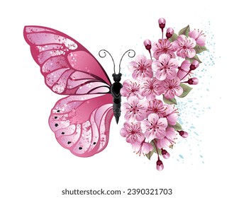 Flower arrangement of pink butterfly with pink Japanese cherry blossoms on white background. hand drawn vector art