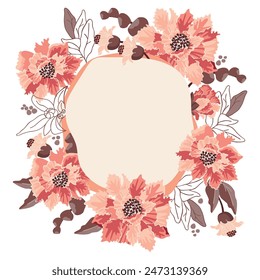 Arreglo floral con lugar para el texto. Marco floral con cogollos coloridos exóticos y Elementos lineales gráficos. Composición botánica con plantas florecientes. Diseño de Vector para tarjeta, invitación.