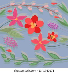 Flower arrangement with plants, leaves, flowers and branches. Spring flowers. Summer plants. Buds and leaves in the warm season.