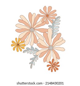 Flower Arrangement Retro 70s 60s Groovy Hippie Flower Power Vibes Vector Illustration Isolated On White. Boho Summer Retro Colours Floral Bouquet Print.