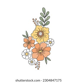 Flower arrangement Retro 70s 60s Groovy Hippie Flower Power vibes vector illustration isolated on white. Boho Summer retro colours floral bouquet print.