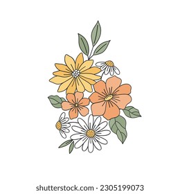 Flower arrangement Retro 70s 60s Groovy Hippie Flower Power vibes vector illustration isolated on white. Boho Summer retro colours floral bouquet print.