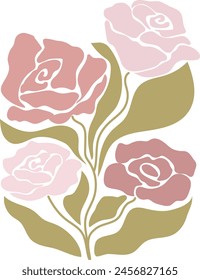 Flower arrangement retro 70s groovy roses design for prints. Vector aesthetic contemporary roses bouquet.