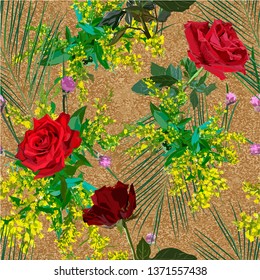 Flower arrangement - seamless pattern, scarlet and burgundy roses, yellow mimosa on brown gold background. Realistic wallpaper, fabric.